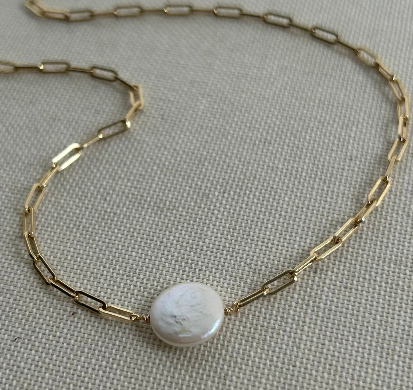 Coin Pearl Necklace on Paperclip Chain | Freshwater Pearl Statement Necklace